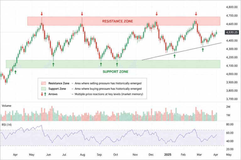 technical chart analysis showing support and resistance zones with price reacting at key levels